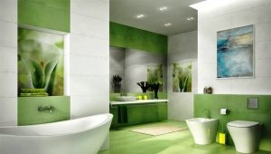 Zaļa flīze vannas istabas interjerā