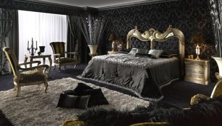 Dormitorio negro: una opción de auriculares, papel tapiz y cortinas