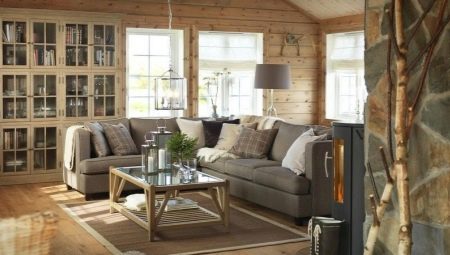 غرفة المعيشة في منزل خشبي: خيارات التصميم الداخلي البسيطة والأصلية
