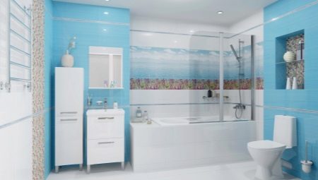 Zilas flīzes vannas istabai: plusi un mīnusi, šķirnes, izvēle, piemēri