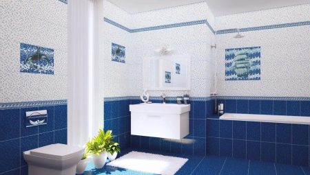 Jubin biru untuk bilik mandi: kebaikan dan keburukan, jenis, pilihan, contoh
