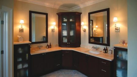 ארונות פינתיים צמודים לקיר בחדר האמבטיה: זנים, מותגים, בחירה, מיקום