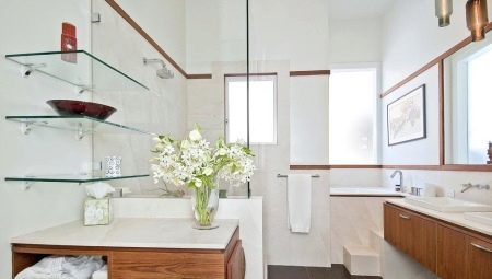 מדפי זכוכית בחדר האמבטיה: זנים, טיפים לבחירה