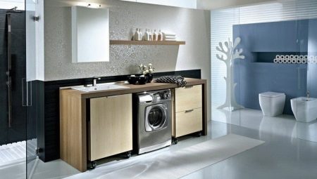 เคาน์เตอร์สำหรับอ่างล้างจานและเครื่องซักผ้า: มุมมองและตัวเลือกในห้องน้ำ