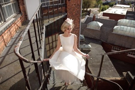 Short wedding dress with a hat