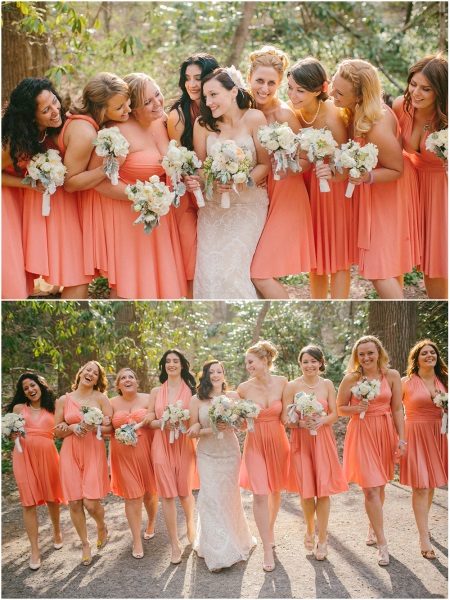 Koraļļu kleitas līgavas māsām ar tādu pašu krāsu