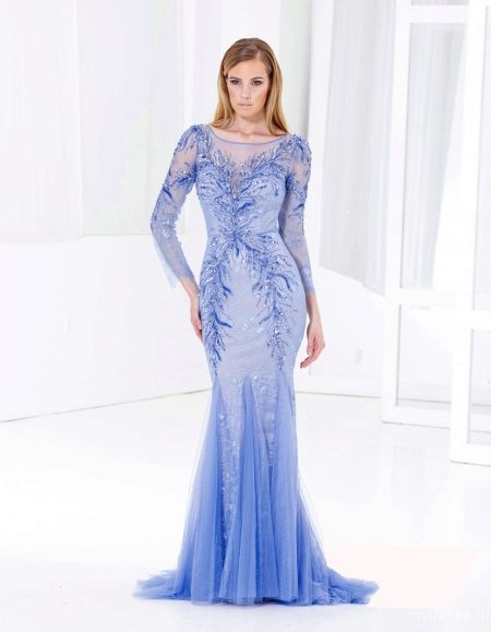 Light blue evening dress with lace sleeves