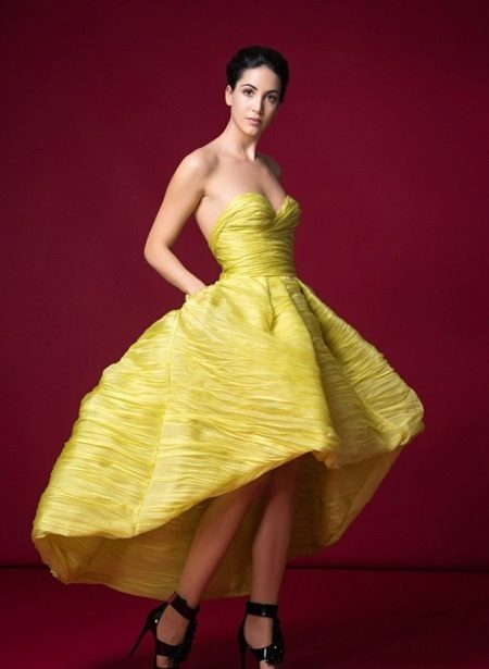 שמלת ערב קצרה קדמית ארוכה צהובה