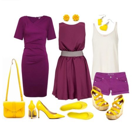Pakaian ungu dengan aksesori kuning