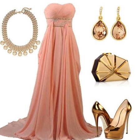 Auksiniai papuošalai persikų suknelei