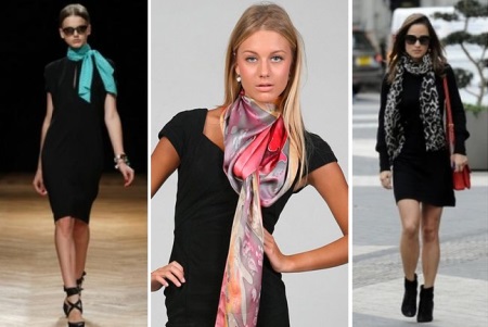 Dress in a business style complemented by neck scarves