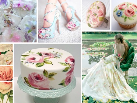 Estampado floral en un vestido de novia, zapatos y tarta