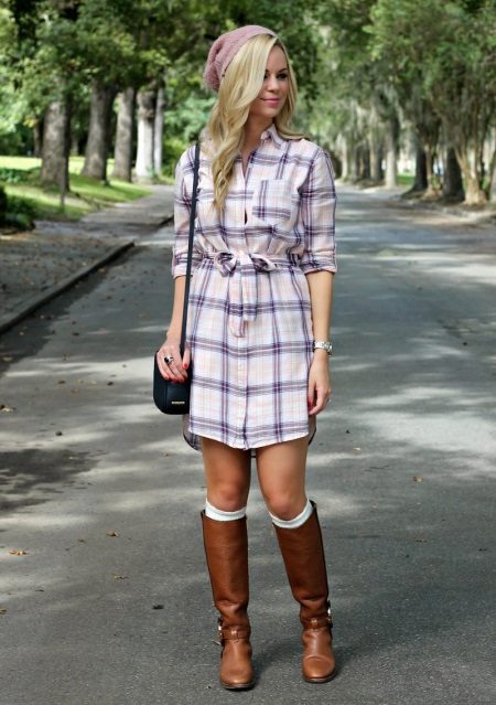 White Check Shirtdress With Brown Flat Boots