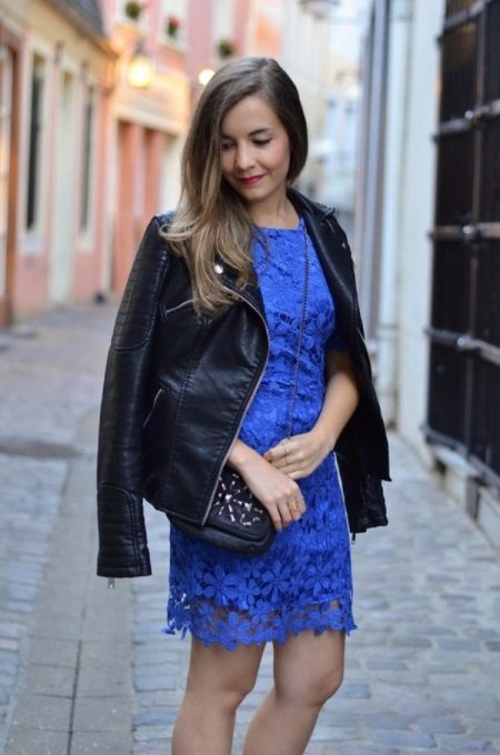 Blue lace dress with a black jacket