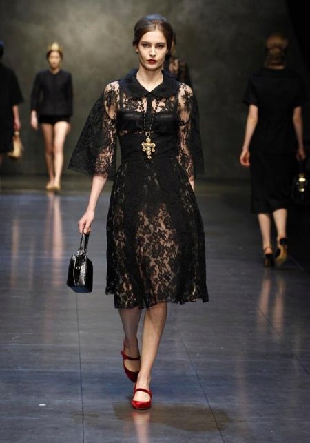 Black lace dress with red shoes