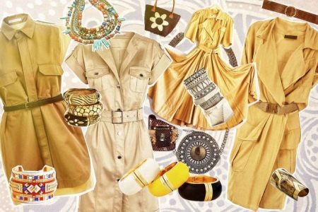 Geltonos safari suknelės aksesuarai