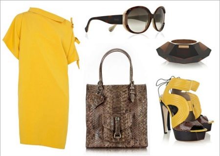 yellow dress and snake print accessories