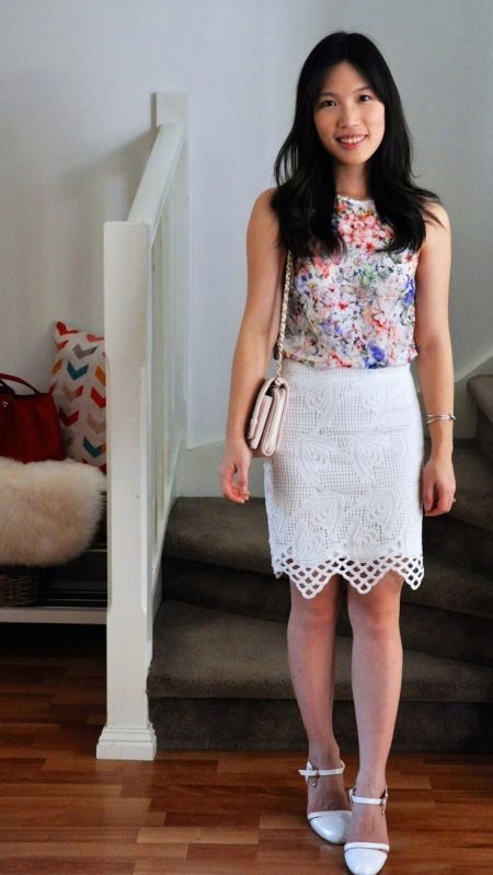 White pencil skirt with floral print blouse