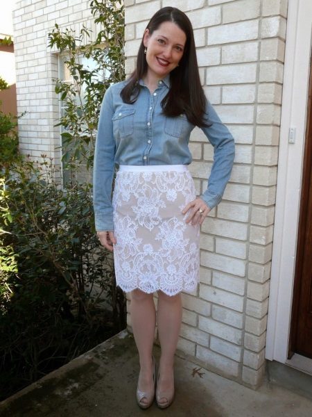Straight skirt combined with a denim shirt
