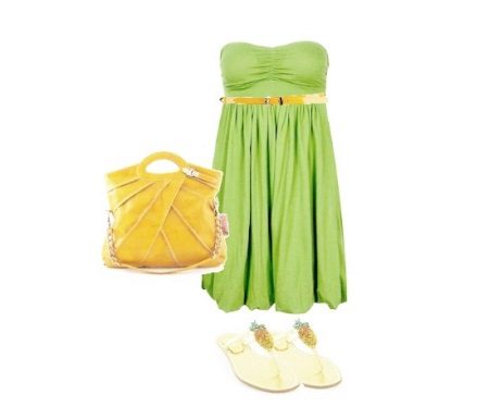 Vestido verde claro em combinação com laranja